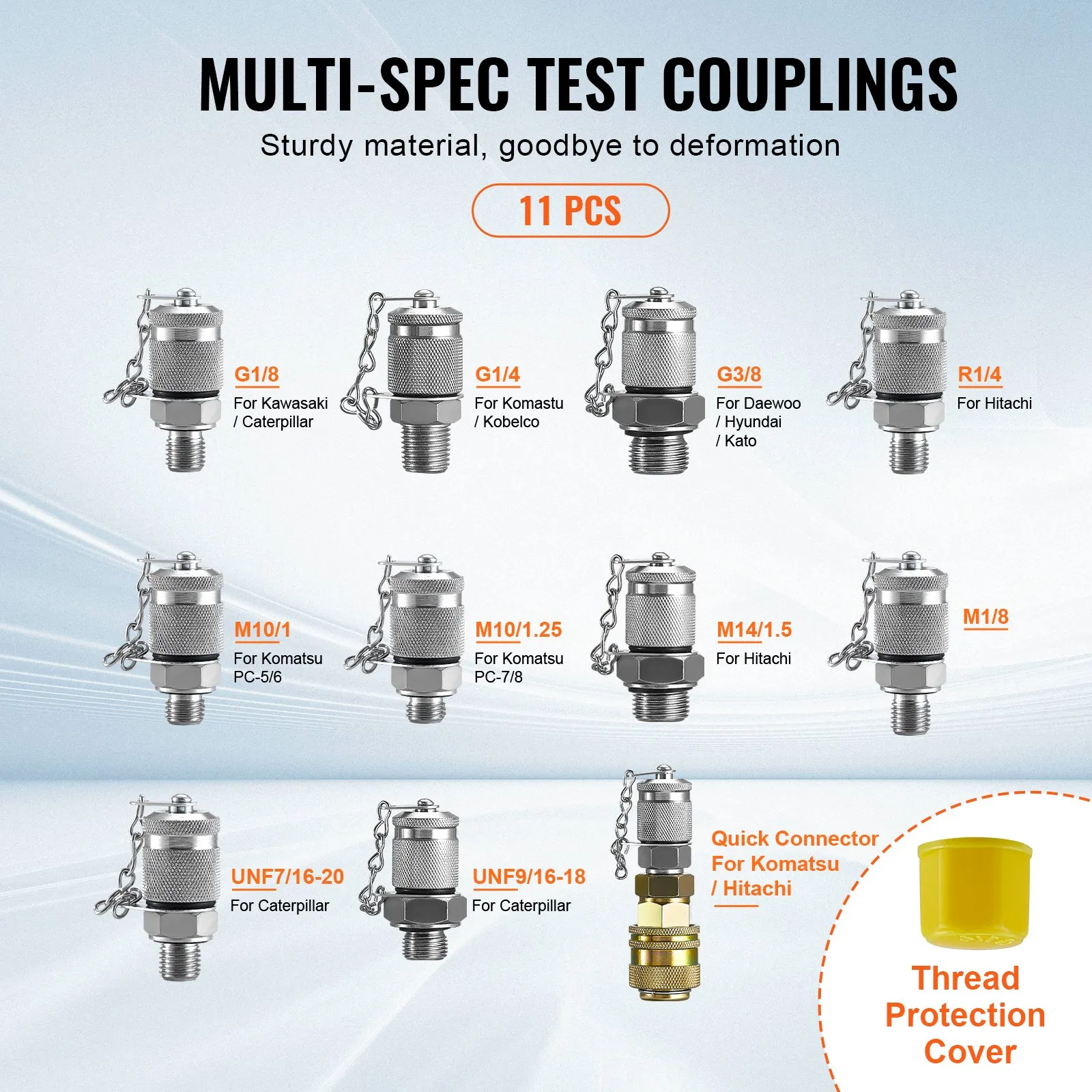 11-piece VEVOR hydraulic pressure test kit with multi-spec test couplings and thread protection cover