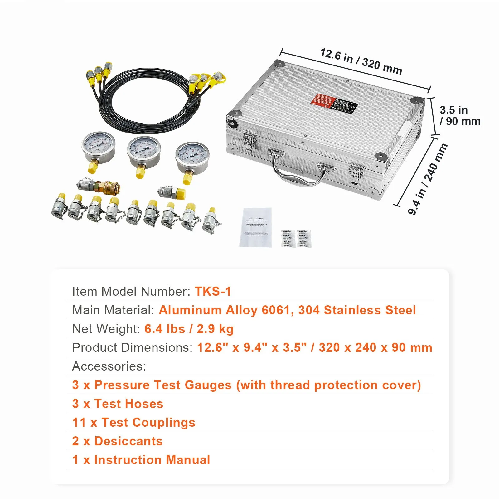 VEVOR hydraulic pressure test kit with hoses, gauges, couplings, desiccants, and instructions in a silver case.