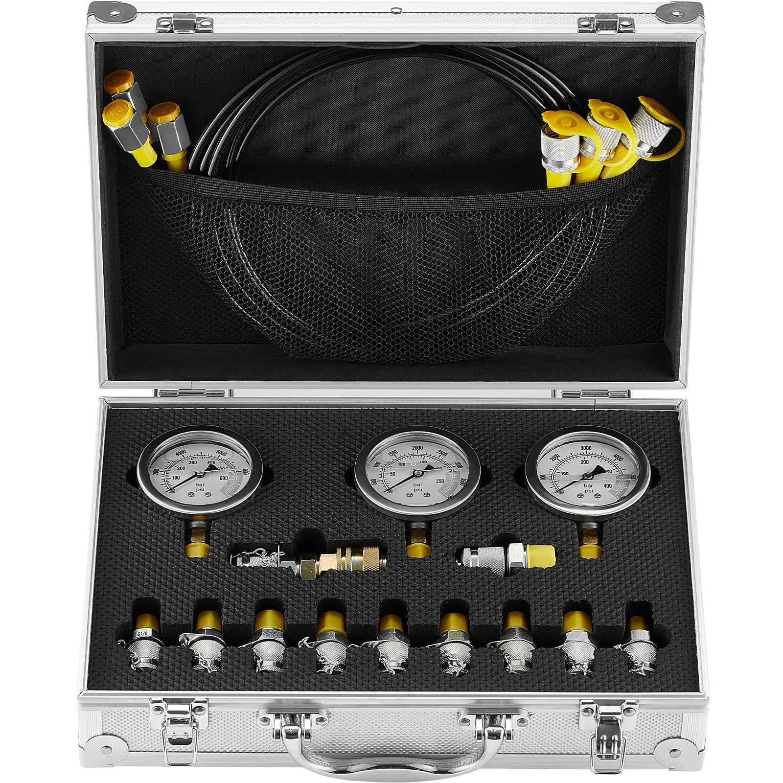 VEVOR hydraulic pressure test kit in a silver carrying case with gauges, hoses, and adapters.