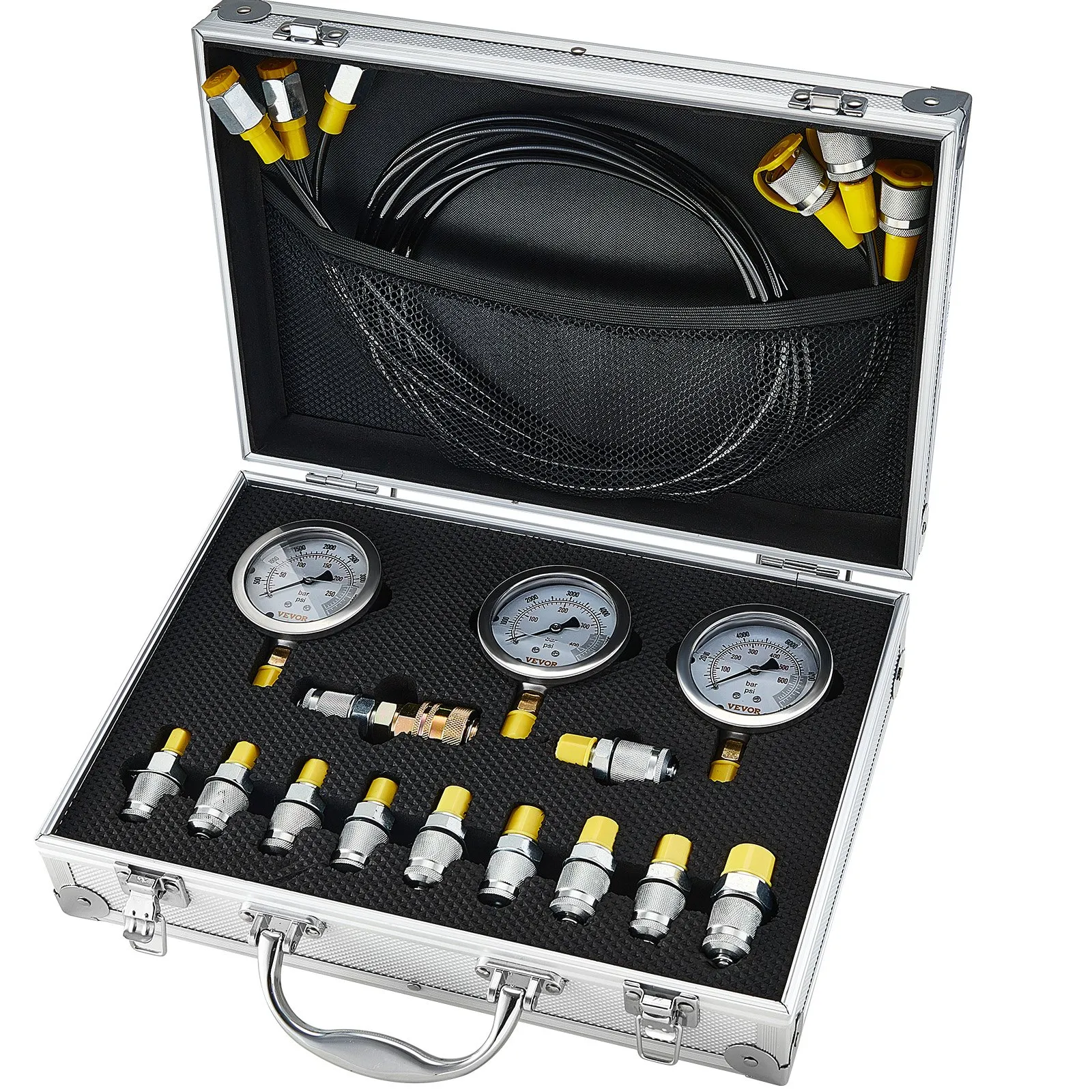 VEVOR hydraulic pressure test kit in a protective case with gauges, hoses, and fittings.