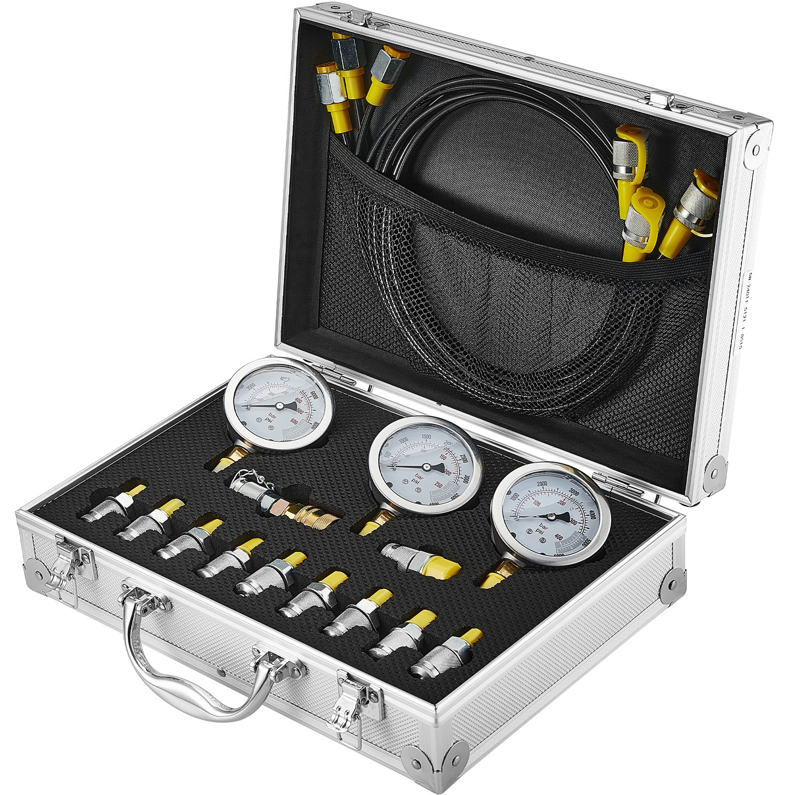 VEVOR hydraulic pressure test kit in an open silver case with gauges, hoses, and fittings organized inside.