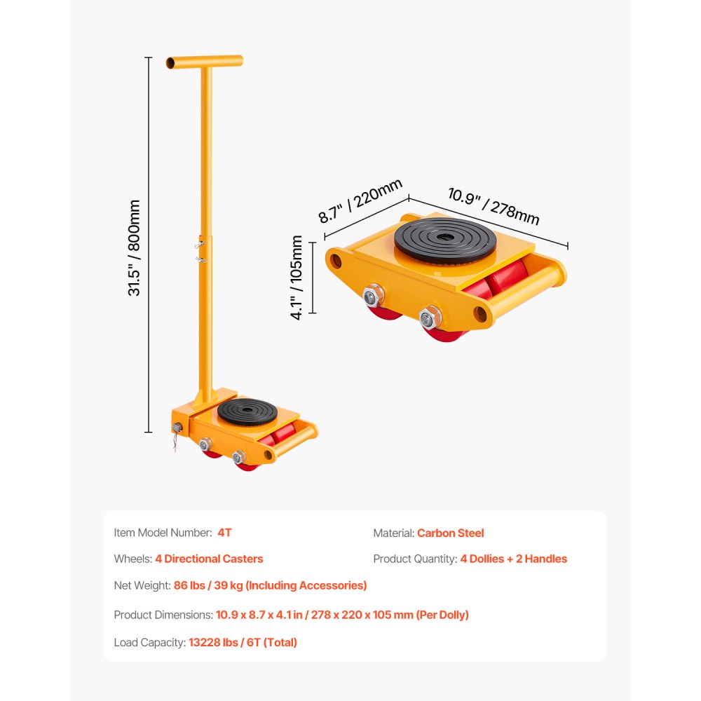 VEVOR Machine Skate, 6T Machinery Skate Dolly, 13228 lbs Machinery Moving Skate, Machinery Mover Skate with 360° Rotation Cap and PU Directional Rollers, Heavy Duty Industrial Moving Equipment, Yellow