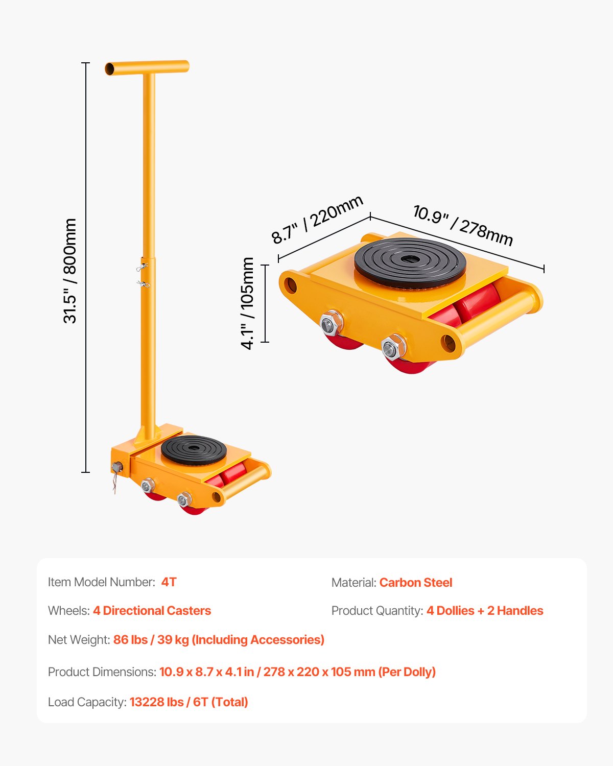 VEVOR Machine Skate 13228 lbs 6T Machinery Skate Dolly with Handle 360° Rotation