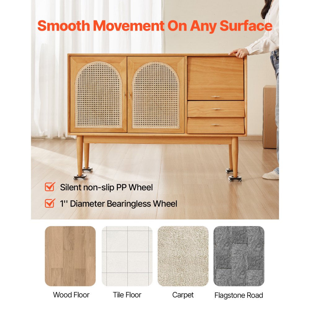 VEVOR Furniture Dolly, 330 lbs Load Capacity, Heavy Duty Furniture Movers with Wheels, Carbon Steel Panel, Dual-Row & Eight-Wheel Structure, Furniture Lift Slider Tool Set for Appliances, Sofa, Fridge