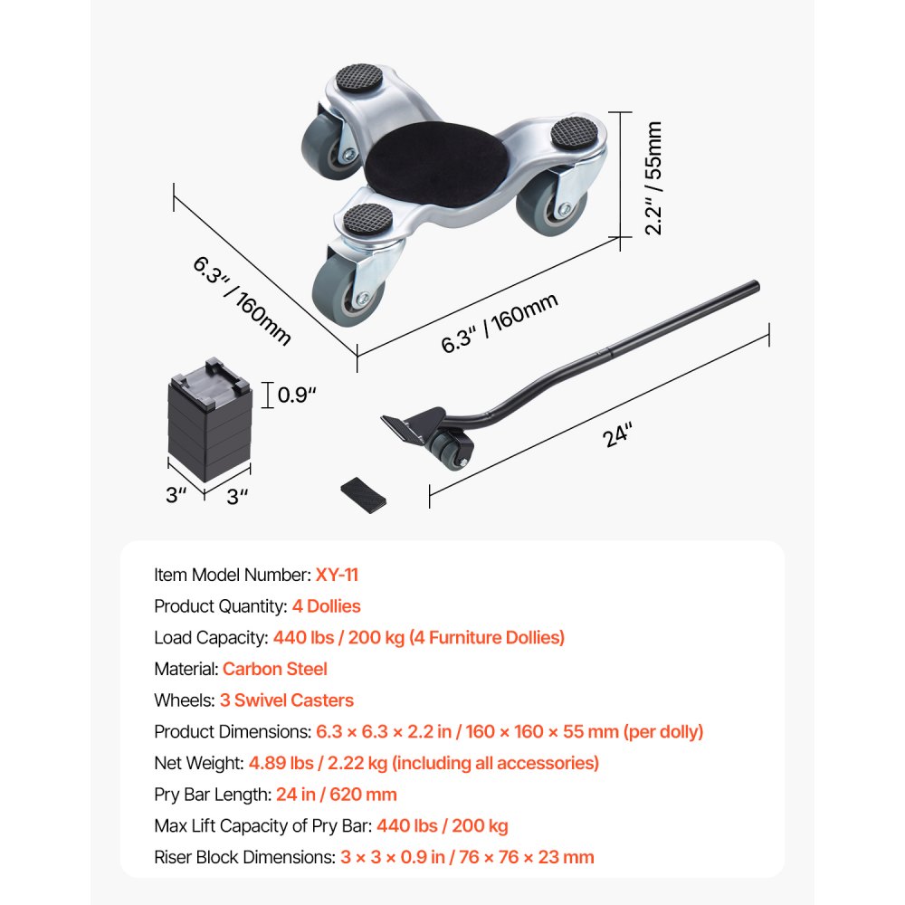 VEVOR Furniture Dolly, 200 kg Load Capacity, 3 Wheel Steel 160 mm Tri-dolly Heavy Duty Mover with Triangle Swivel Caster, Carbon Steel Panel, Furniture Lift Mover Tool Set for Appliances, Sofa, Fridge