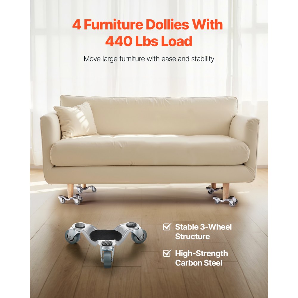 VEVOR Furniture Dolly, 200 kg Load Capacity, 3 Wheel Steel 160 mm Tri-dolly Heavy Duty Mover with Triangle Swivel Caster, Carbon Steel Panel, Furniture Lift Mover Tool Set for Appliances, Sofa, Fridge