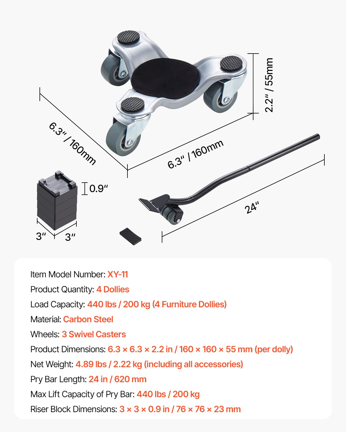 VEVOR Furniture Dolly, 440 lbs Load Capacity, 3 Wheel Steel 6.3" Tri-dolly Heavy Duty Mover with Triangle Swivel Caster, Carbon Steel Panel, Furniture Lift Mover Tool Set for Appliances, Sofa, Fridge
