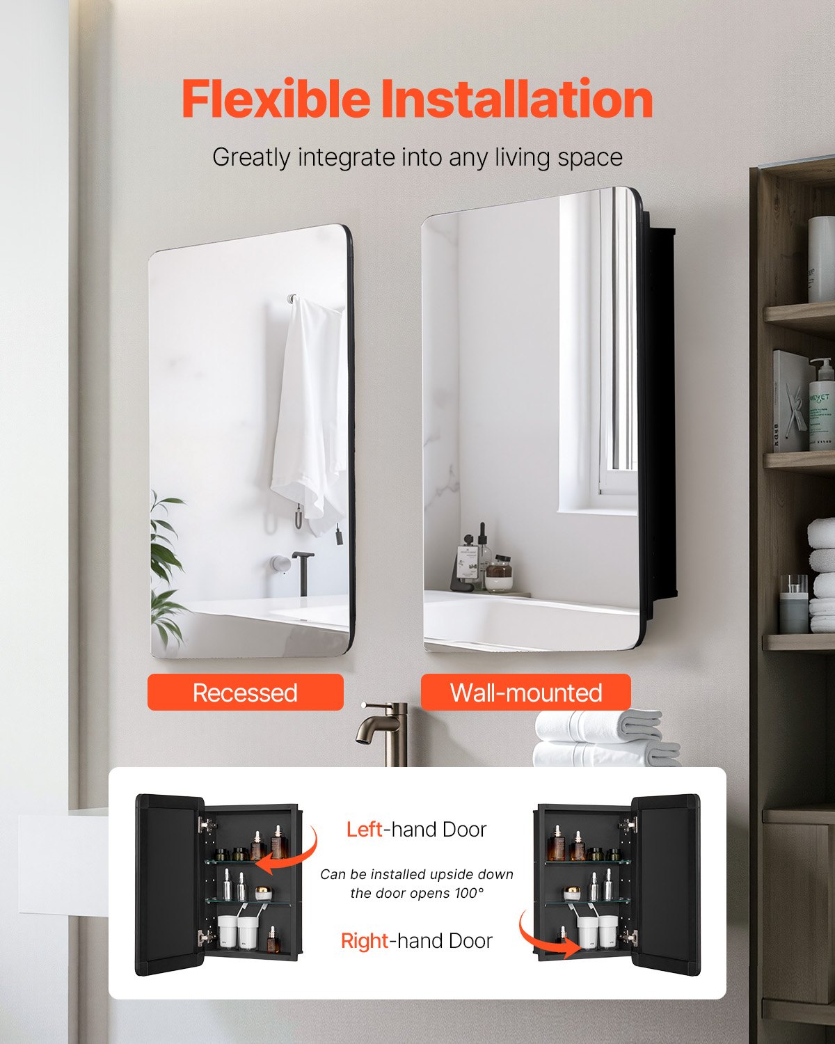 VEVOR Medicine Cabinet, 16 x 24 inch, Medicine Cabinet for Bathroom with Mirror,  Aluminum Frame Bathroom Wall Cabinet, 2-layer Adjustable Shelves, Recessed & Wall-mounted Installation