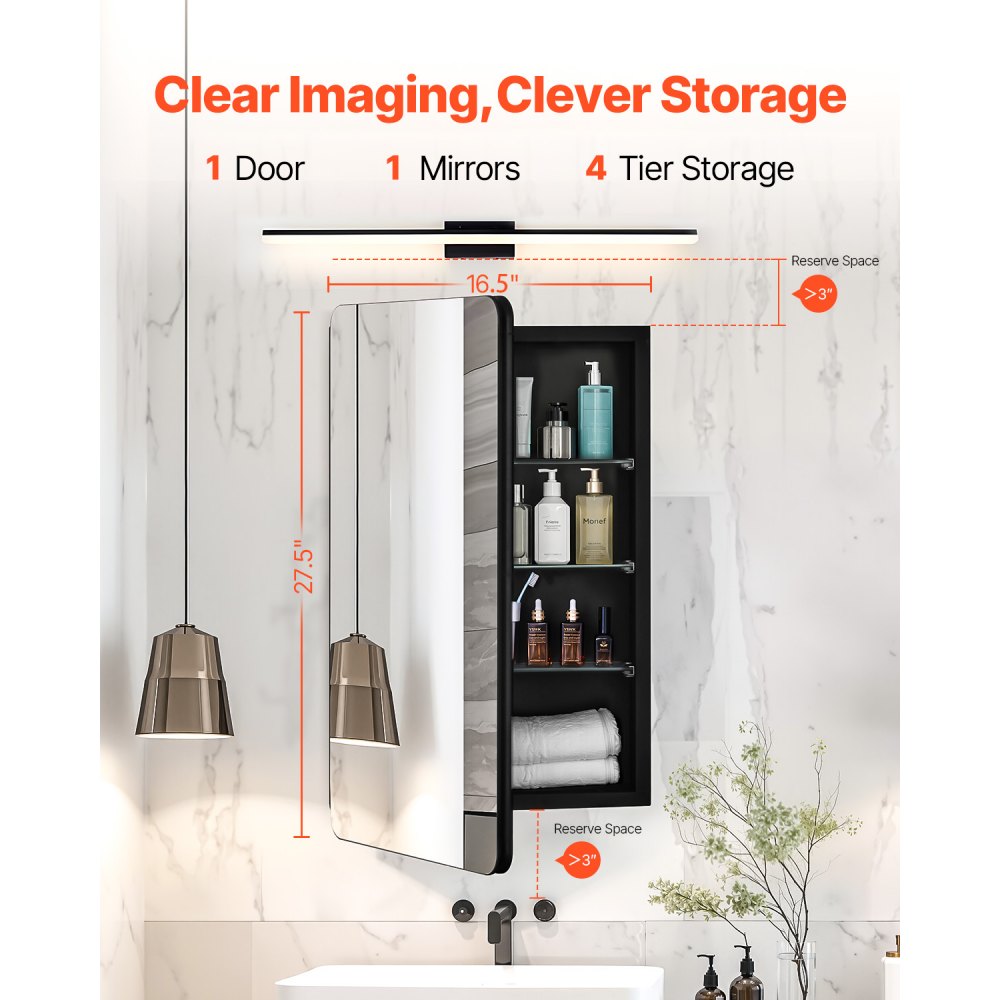 VEVOR Medicine Cabinet, 16.5 x 27.5 inch, Medicine Cabinet for Bathroom with Mirror,  Aluminum Frame Bathroom Wall Cabinet, 3-layer Adjustable Shelves, Recessed & Wall-mounted Installation