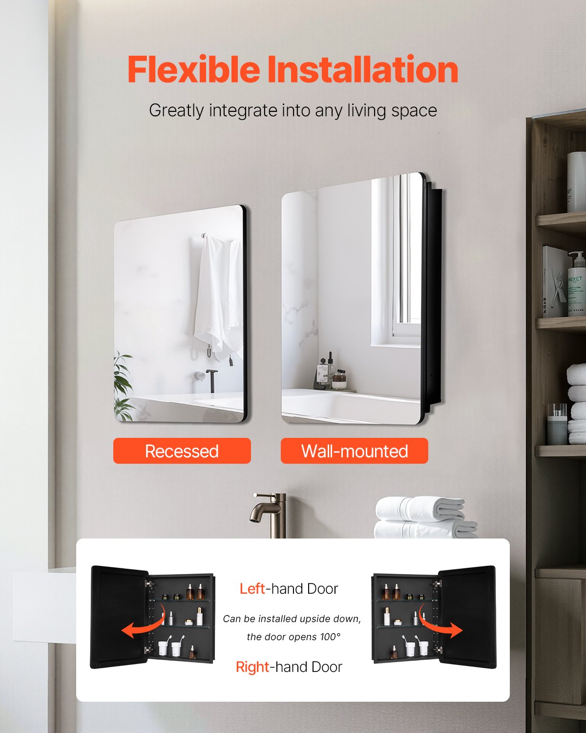 VEVOR Medicine Cabinet, 24 x 30 inch, Medicine Cabinet for Bathroom with Mirror,  Aluminum Frame Bathroom Wall Cabinet, 2-layer Adjustable Shelves, Recessed & Wall-mounted Installation