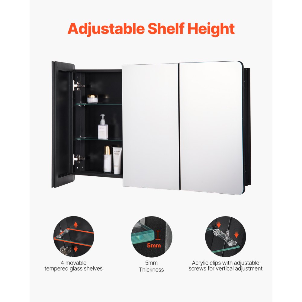 VEVOR Medicine Cabinet, 25.5 x 40 inch, Medicine Cabinet for Bathroom with Mirror,  Aluminum Frame Bathroom Wall Cabinet, 4-layer Adjustable Shelves, Recessed & Wall-mounted Installation