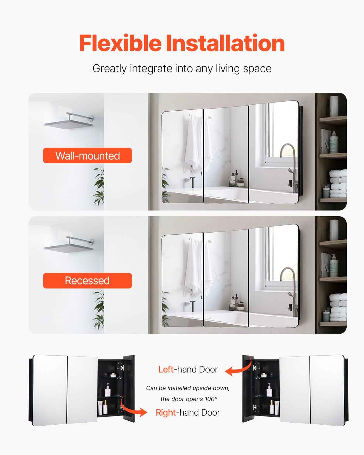 VEVOR Medicine Cabinet, 25.5 x 40 inch, Medicine Cabinet for Bathroom with Mirror,  Aluminum Frame Bathroom Wall Cabinet, 4-layer Adjustable Shelves, Recessed & Wall-mounted Installation