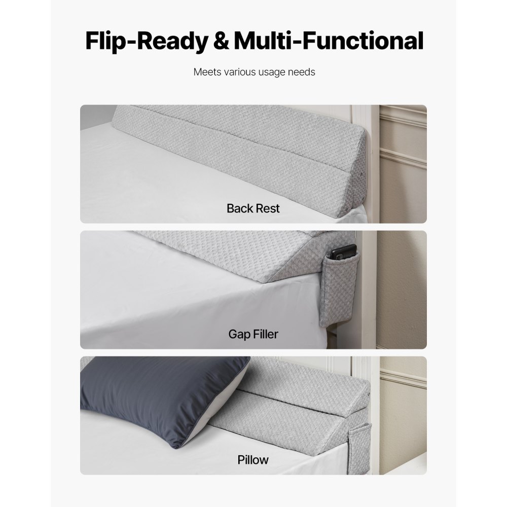 VEVOR Bed Wedge Pillow for Headboard, 1524 x 245 x 152 mm Bed Gap Filler, Fill 0-178mm Gap Between Headboard and Mattress, 25D Foam Mattress Wedge Headboard Pillow with Side Pocket, for Backrest, Gray