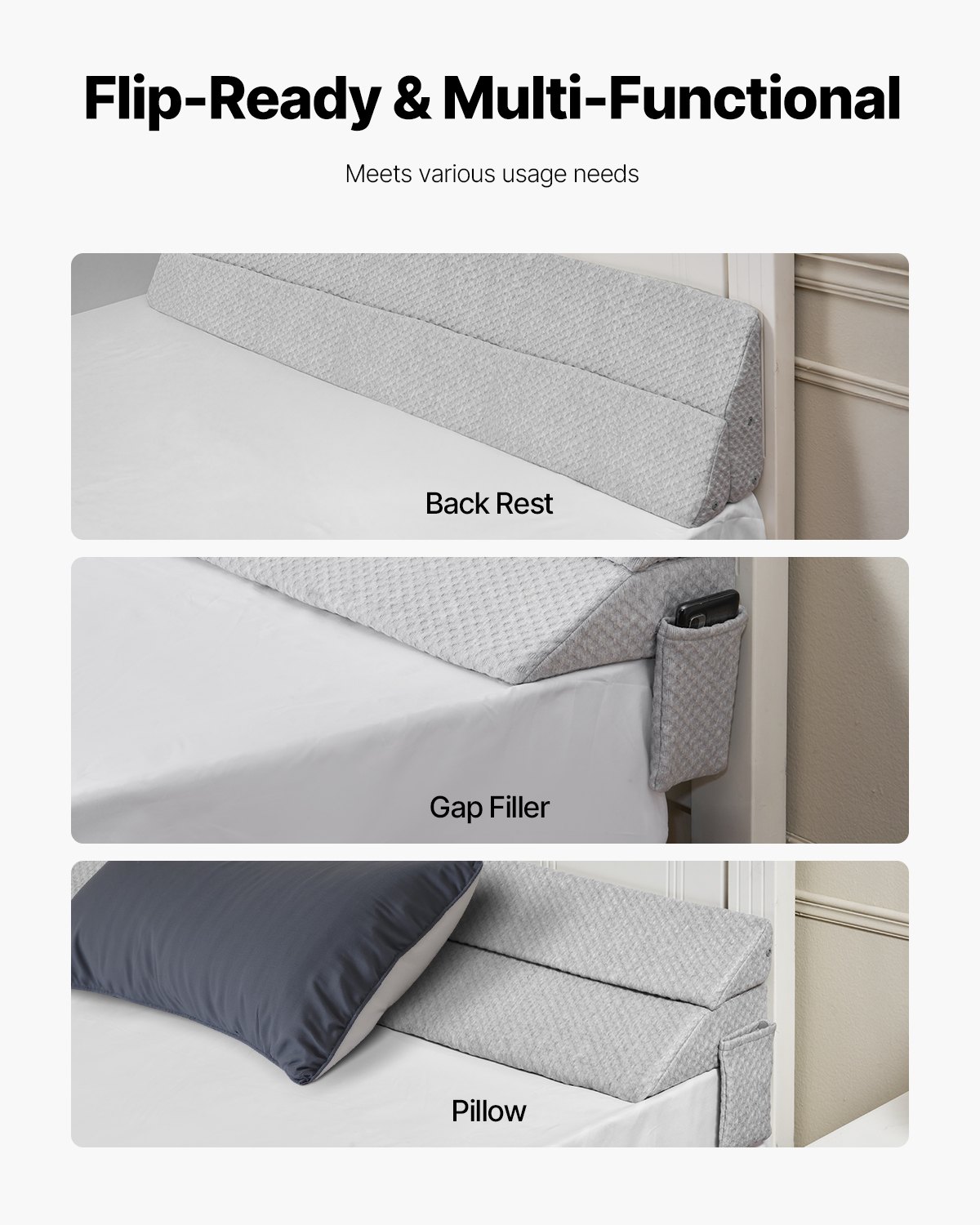 VEVOR Bed Wedge Pillow for Headboard, 1524 x 245 x 152 mm Bed Gap Filler, Fill 0-178mm Gap Between Headboard and Mattress, 25D Foam Mattress Wedge Headboard Pillow with Side Pocket, for Backrest, Gray