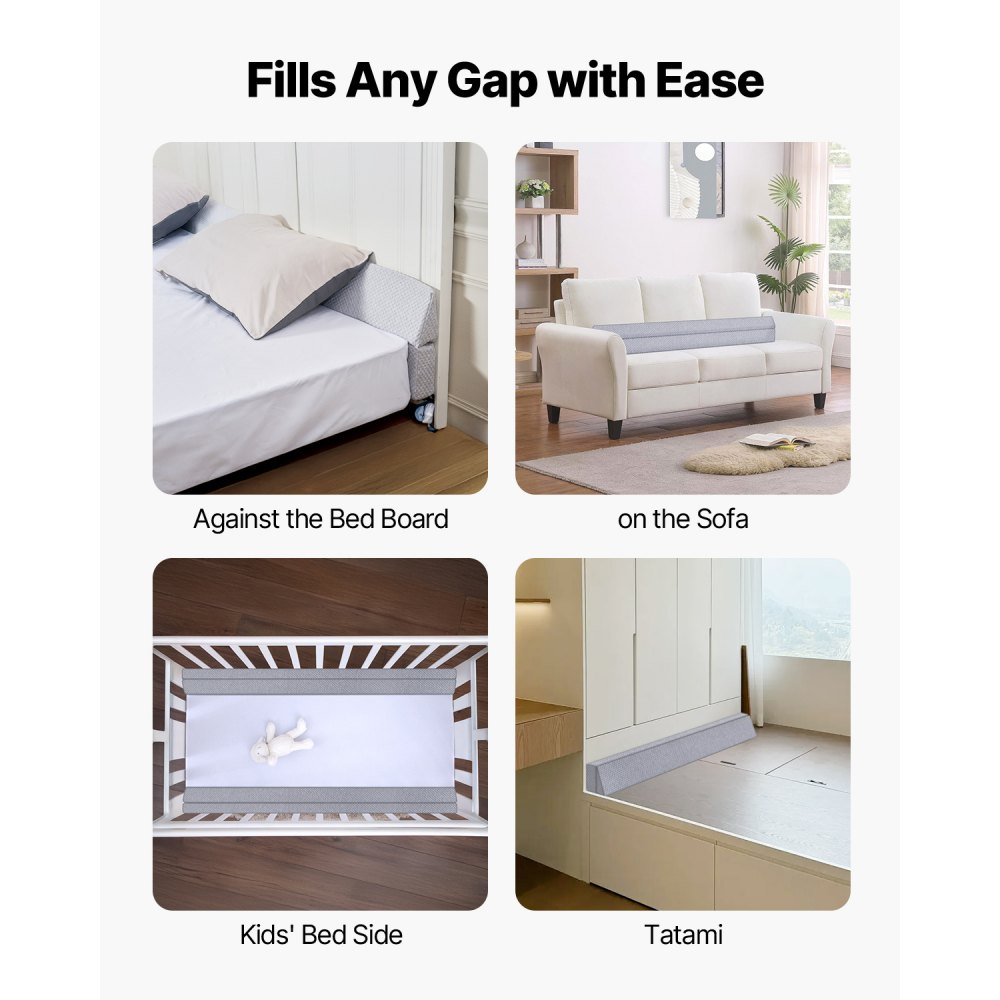 VEVOR Bed Wedge Pillow for Headboard, 1525 x 152 x 152 mm Foam Bed Gap Filler - Fill 0-178mm Gap, Versatile Flip-Over Mattress Wedge Headboard Pillow with Anti-Slip Bottom, for Sleeping Backrest, Gray