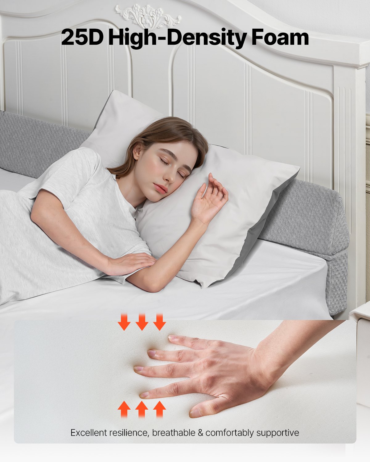 VEVOR Bed Wedge Pillow for Headboard, 1525 x 152 x 152 mm Foam Bed Gap Filler - Fill 0-178mm Gap, Versatile Flip-Over Mattress Wedge Headboard Pillow with Anti-Slip Bottom, for Sleeping Backrest, Gray