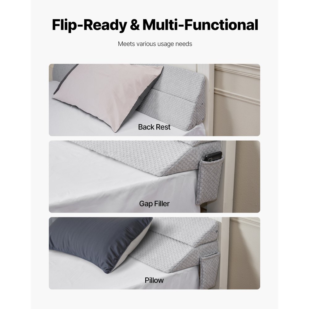 VEVOR Bed Wedge Pillow for Headboard, 1930 x 255 x 152 mm Bed Gap Filler, Fill 0-178mm Gap Between Headboard and Mattress, 25D Foam Mattress Wedge Headboard Pillow with Side Pocket, for Backrest, Gray