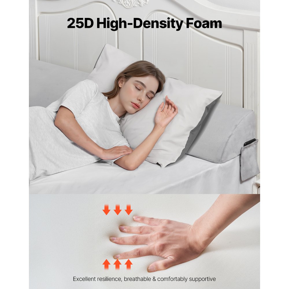 VEVOR Bed Wedge Pillow for Headboard, 1930 x 255 x 152 mm Bed Gap Filler, Fill 0-178mm Gap Between Headboard and Mattress, Soft Plush Mattress Wedge Headboard Pillow with Side Pocket, for Backrest Gray