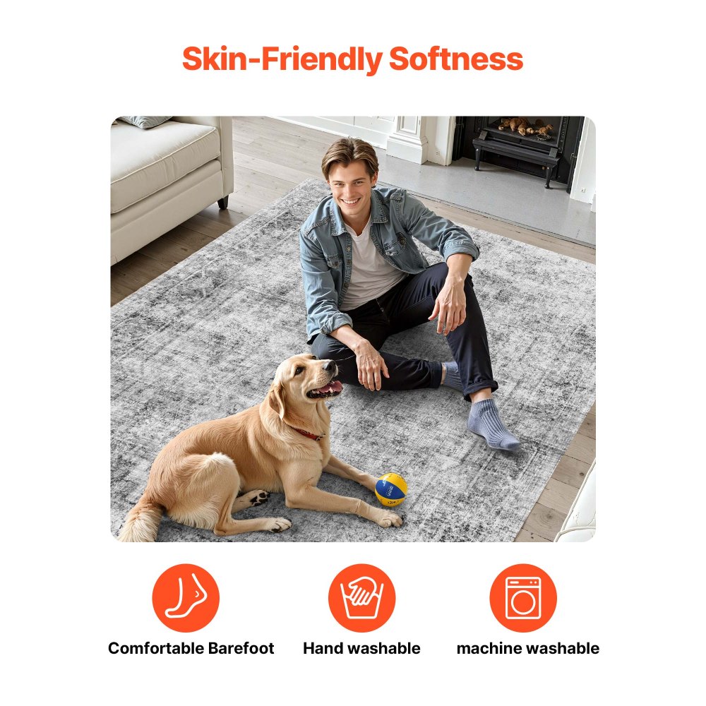 VEVOR Area Rug, 1828.8x2743.2mm Large Washable Boho Rug, Non-Slip Tear-Resistant Soft Carpet, Pet & Child Friendly Bohemian Area Rugs, Indoor Mat for Bedroom, Living Room, Kids Room, Entryway, Gray