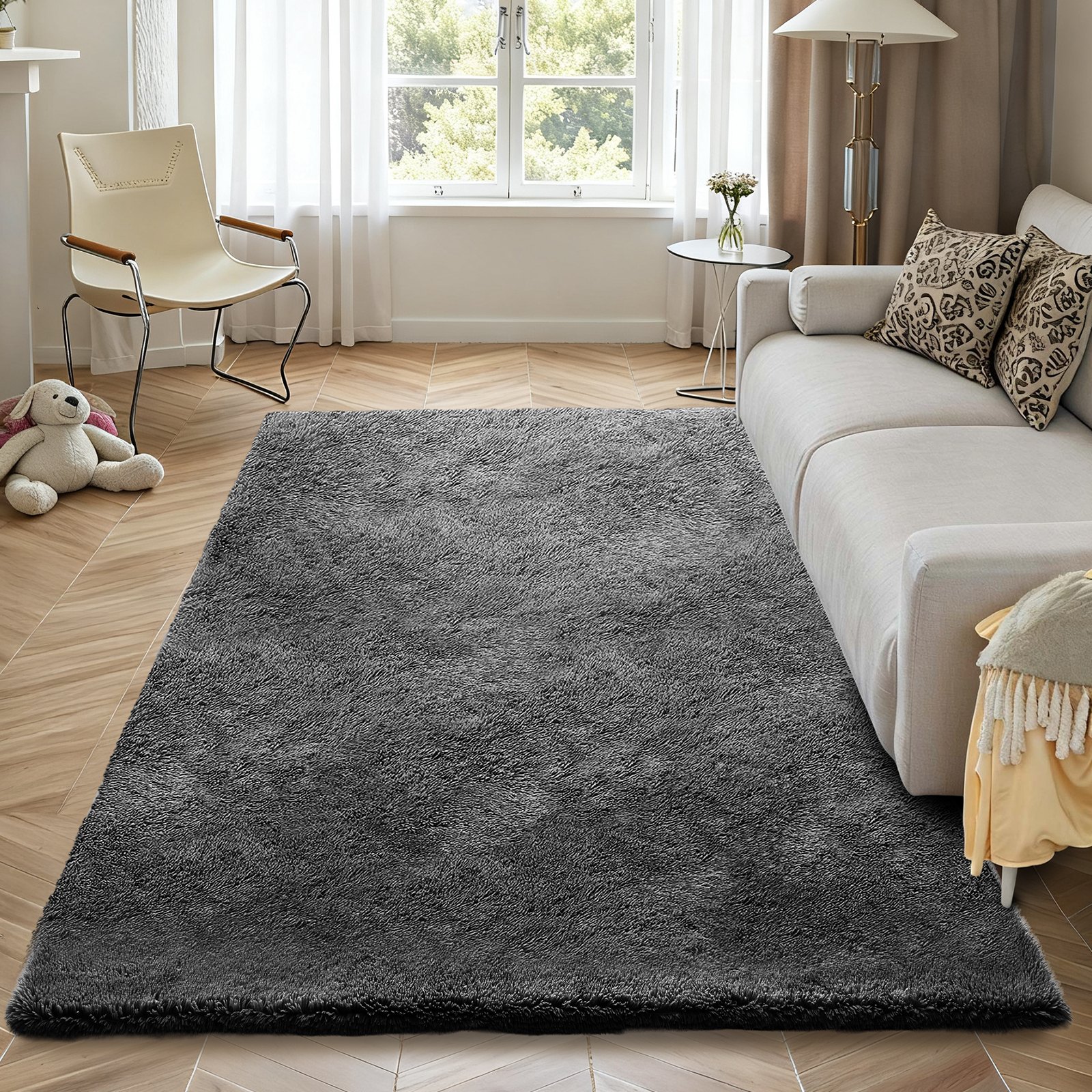 VEVOR Indoor Plush Area Rugs, 1.52 x 2.44 m Soft Plush Carpet, Furry Shag Area Rugs for Living Room, Bedroom, Sunroom, Modern Home Decor Aesthetic, Non-Shedding, Non-Woven, Slip-Resistant, Dark Gray