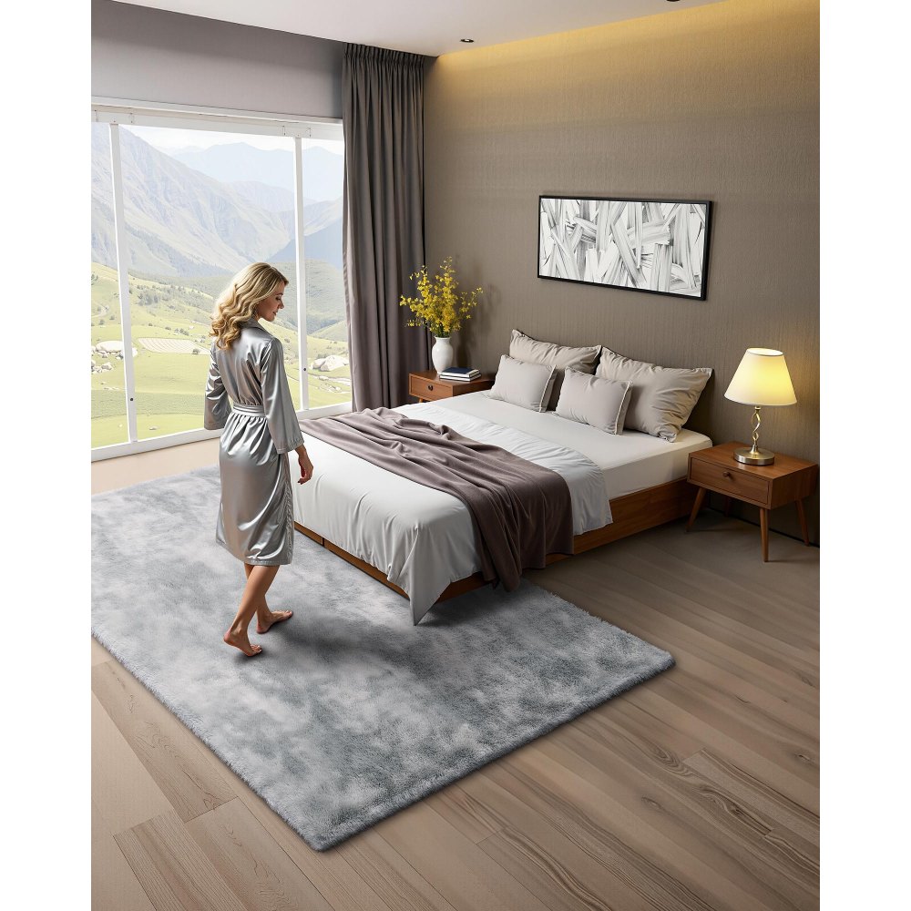 VEVOR Indoor Plush Area Rugs, 1.83x2.74 m Soft Plush Carpet, FFurry Shag Area Rugs for Living Room, Bedroom, Modern Home Decor Aesthetic Long-Pile Rug, Non-Shedding, Slip-Resistant, Tie-Dye Light Gray