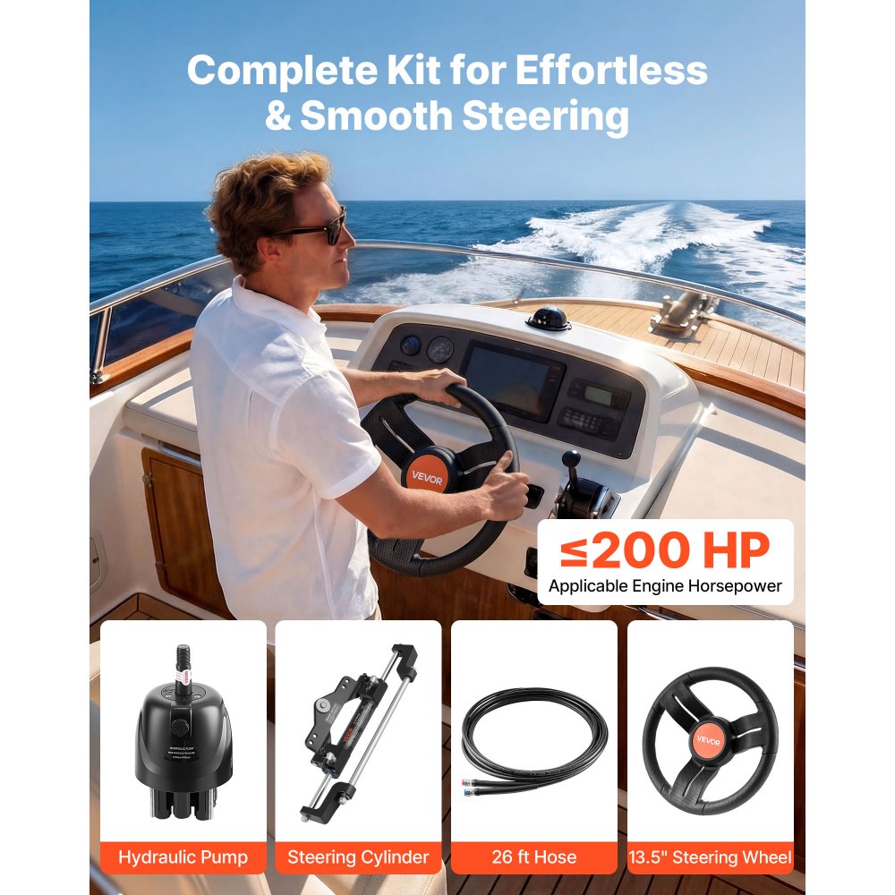 VEVOR Outboard Hydraulic Steering Kit, 200 HP, Marine Boat Hydraulic Steering System with 6.9 MPa Two-Way Lock Helm Pump, Cylinder, 2 PCS 26 ft Hoses, 13.5" Wheel for Single Station, Single-Engine Use