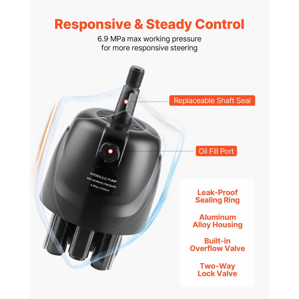 VEVOR Outboard Hydraulic Steering Kit, 200 HP, Marine Boat Hydraulic Steering System with 6.9 MPa Two-Way Lock Helm Pump, Cylinder, 2 PCS 26 ft Hoses, 13.5" Wheel for Single Station, Single-Engine Use