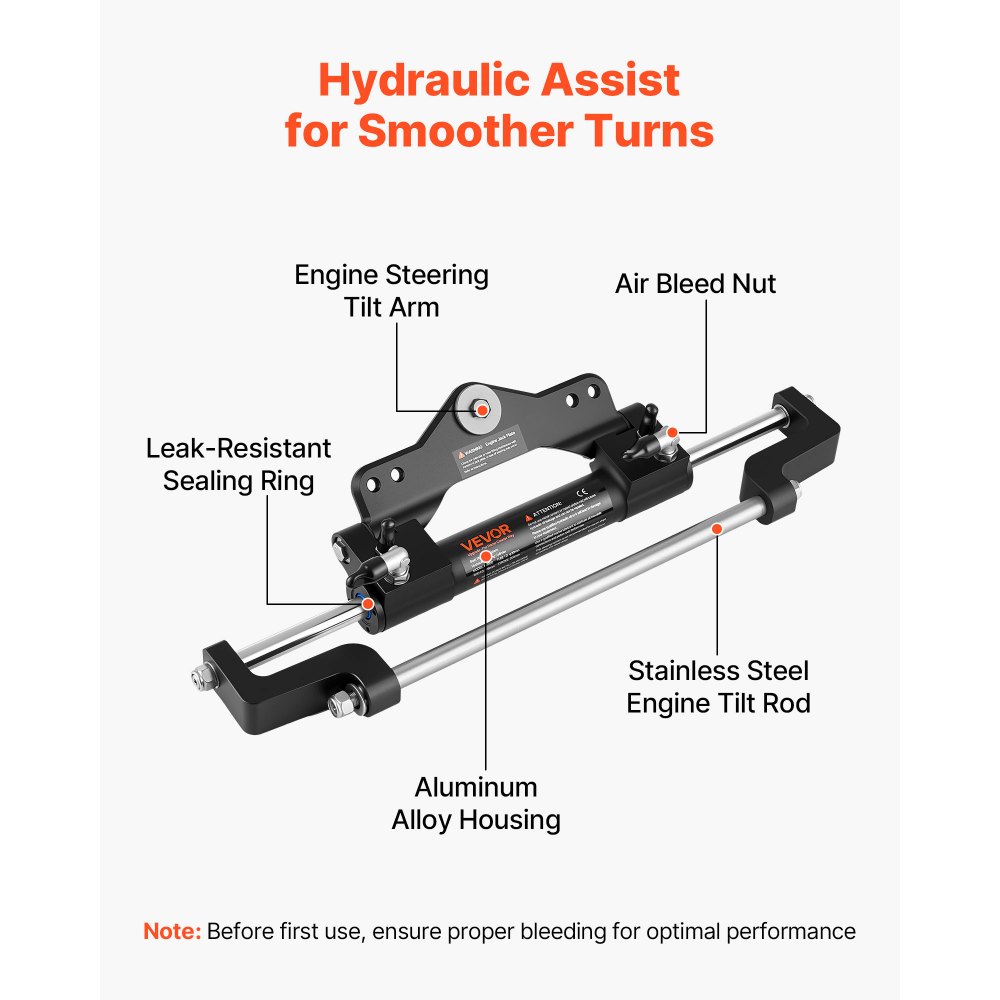 VEVOR Outboard Hydraulic Steering Kit, 200 HP, Marine Boat Hydraulic Steering System with 6.9 MPa Two-Way Lock Helm Pump, Cylinder, 2 PCS 26 ft Hoses, 13.5" Wheel for Single Station, Single-Engine Use