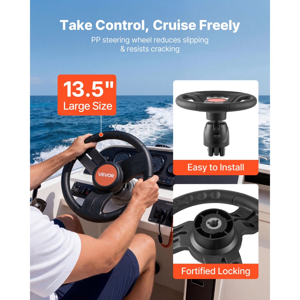 VEVOR Outboard Hydraulic Steering Kit, 200 HP, Marine Boat Hydraulic Steering System with 6.9 MPa Two-Way Lock Helm Pump, Cylinder, 2 PCS 26 ft Hoses, 13.5" Wheel for Single Station, Single-Engine Use