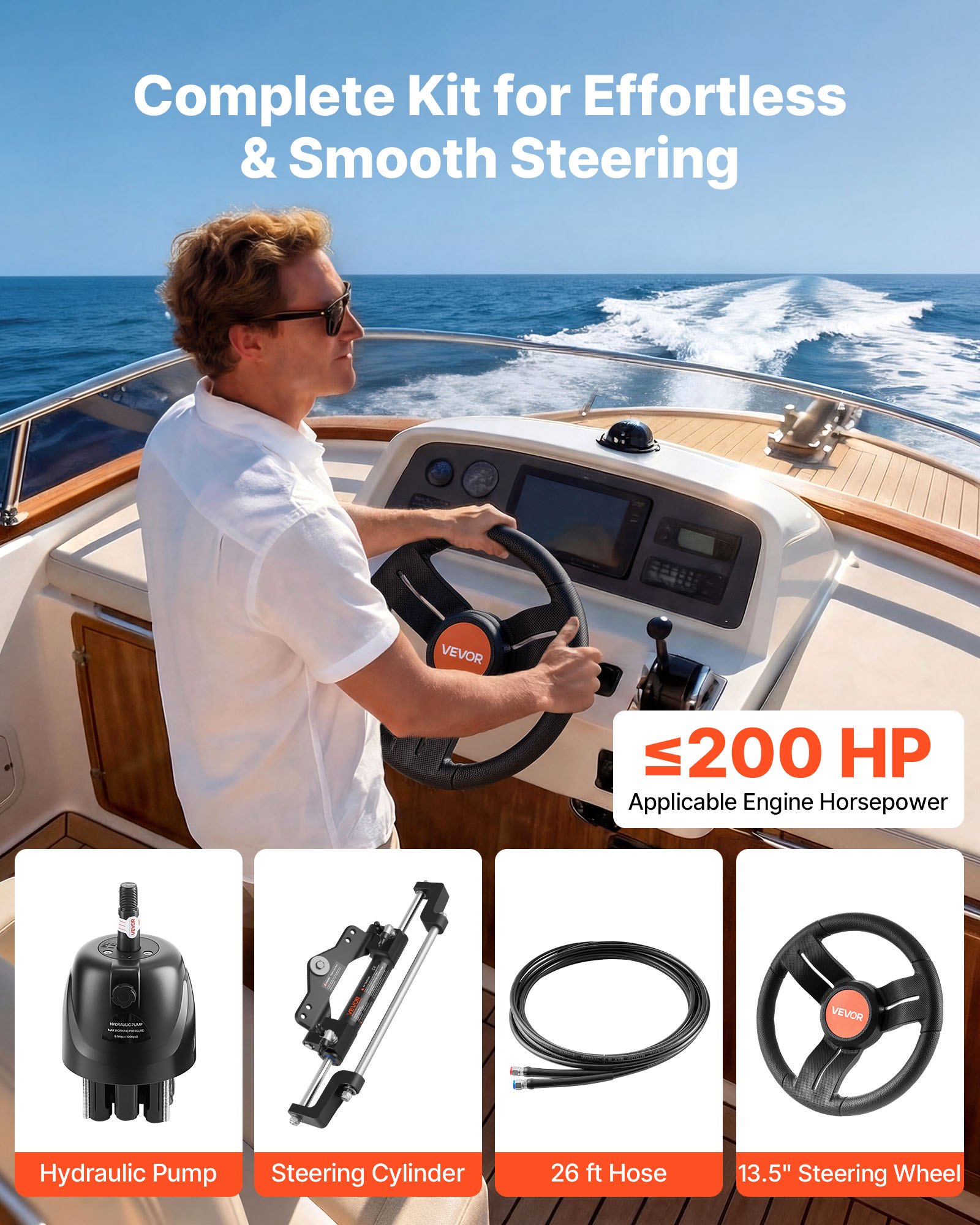 VEVOR Outboard Hydraulic Steering Kit, 200 HP, Marine Boat Hydraulic Steering System with 6.9 MPa Two-Way Lock Helm Pump, Cylinder, 2 PCS 26 ft Hoses, 13.5" Wheel for Single Station, Single-Engine Use