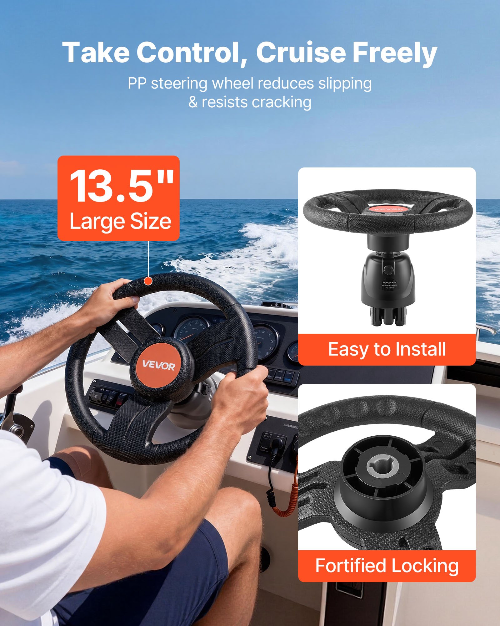 VEVOR Outboard Hydraulic Steering Kit, 200 HP, Marine Boat Hydraulic Steering System with 6.9 MPa Two-Way Lock Helm Pump, Cylinder, 2 PCS 26 ft Hoses, 13.5" Wheel for Single Station, Single-Engine Use