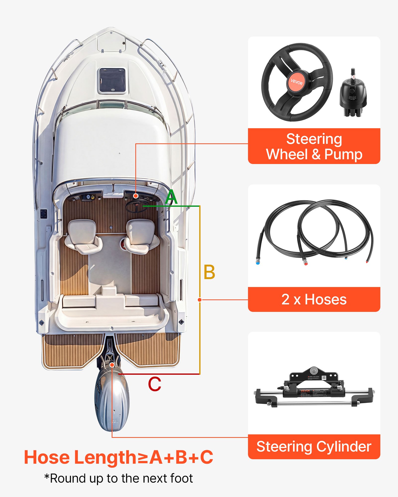 VEVOR Outboard Hydraulic Steering Kit, 200 HP, Marine Boat Hydraulic Steering System with 6.9 MPa Two-Way Lock Helm Pump, Cylinder, 2 PCS 26 ft Hoses, 13.5" Wheel for Single Station, Single-Engine Use