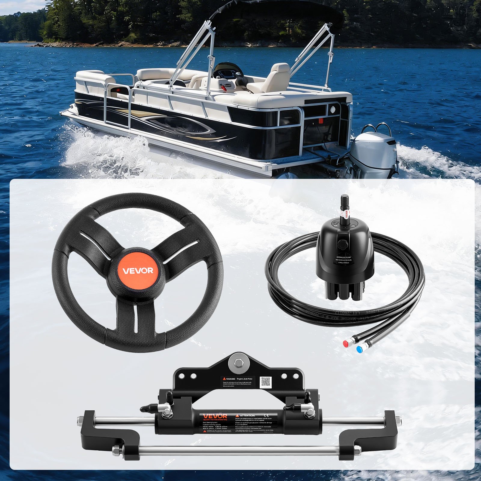 VEVOR Outboard Hydraulic Steering Kit, 200 HP, Marine Boat Hydraulic Steering System with 6.9 MPa Two-Way Lock Helm Pump, Cylinder, 2 PCS 26 ft Hoses, 13.5" Wheel for Single Station, Single-Engine Use