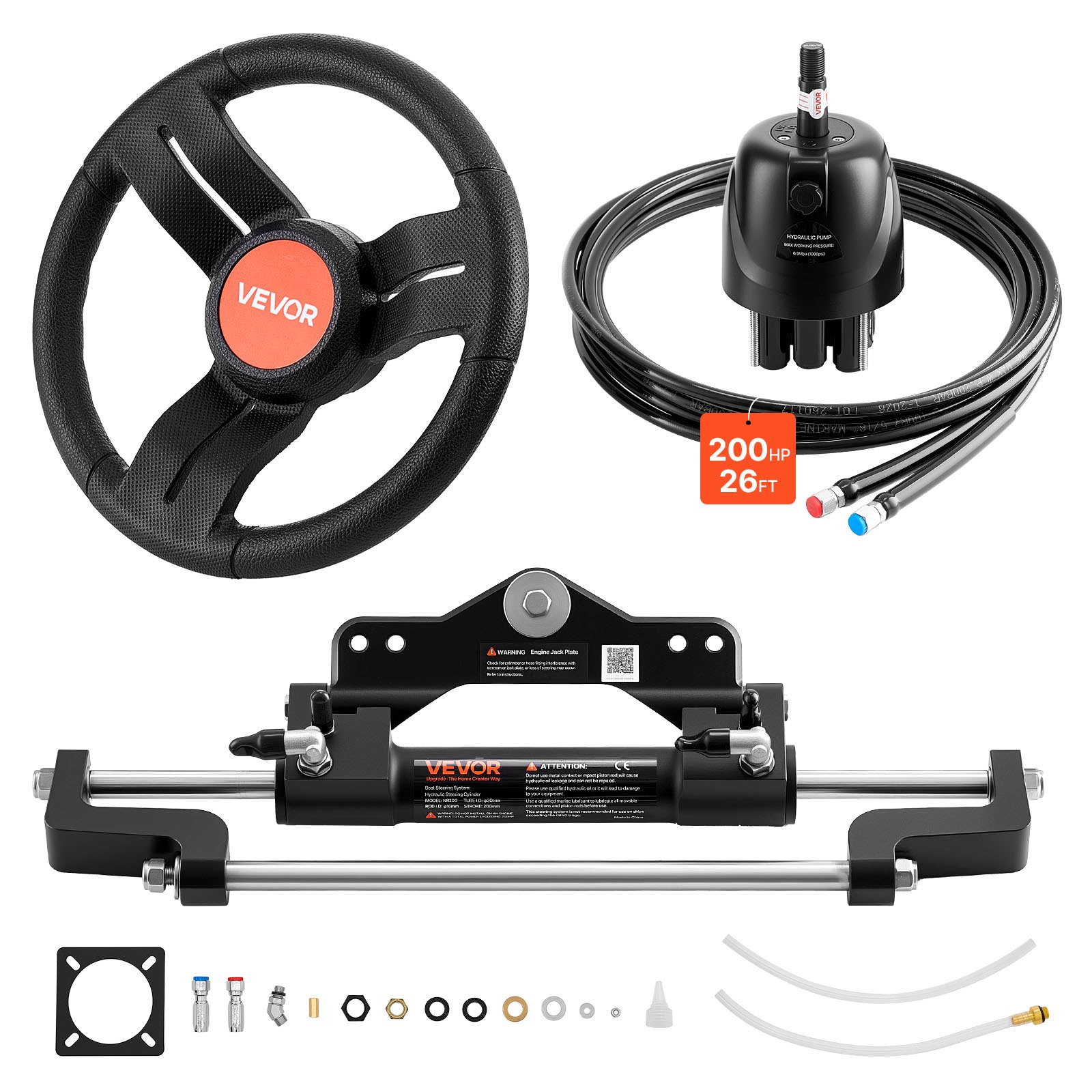 VEVOR Outboard Hydraulic Steering Kit, 200 HP, Marine Boat Hydraulic Steering System with 6.9 MPa Two-Way Lock Helm Pump, Cylinder, 2 PCS 26 ft Hoses, 13.5" Wheel for Single Station, Single-Engine Use