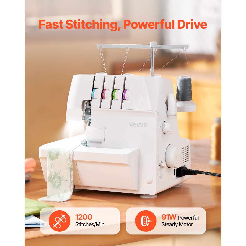 VEVOR Serger Overlock Sewing Machine, 1250 Stitches Per Minute, 2-3-4 Thread Capability, 0.7-2 Adjustable Differential Feed, with Free Arm and LED Light, Sewing Machine for Various Fabrics, White