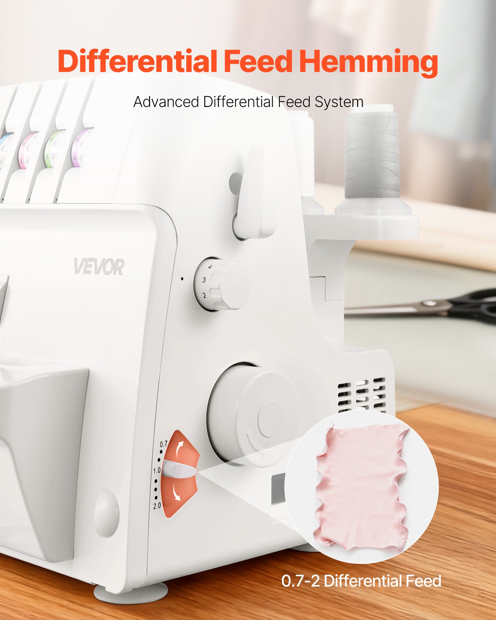 VEVOR Serger Overlock Sewing Machine, 1250 Stitches Per Minute, 2-3-4 Thread Capability, 0.7-2 Adjustable Differential Feed, with Free Arm and LED Light, Sewing Machine for Various Fabrics, White