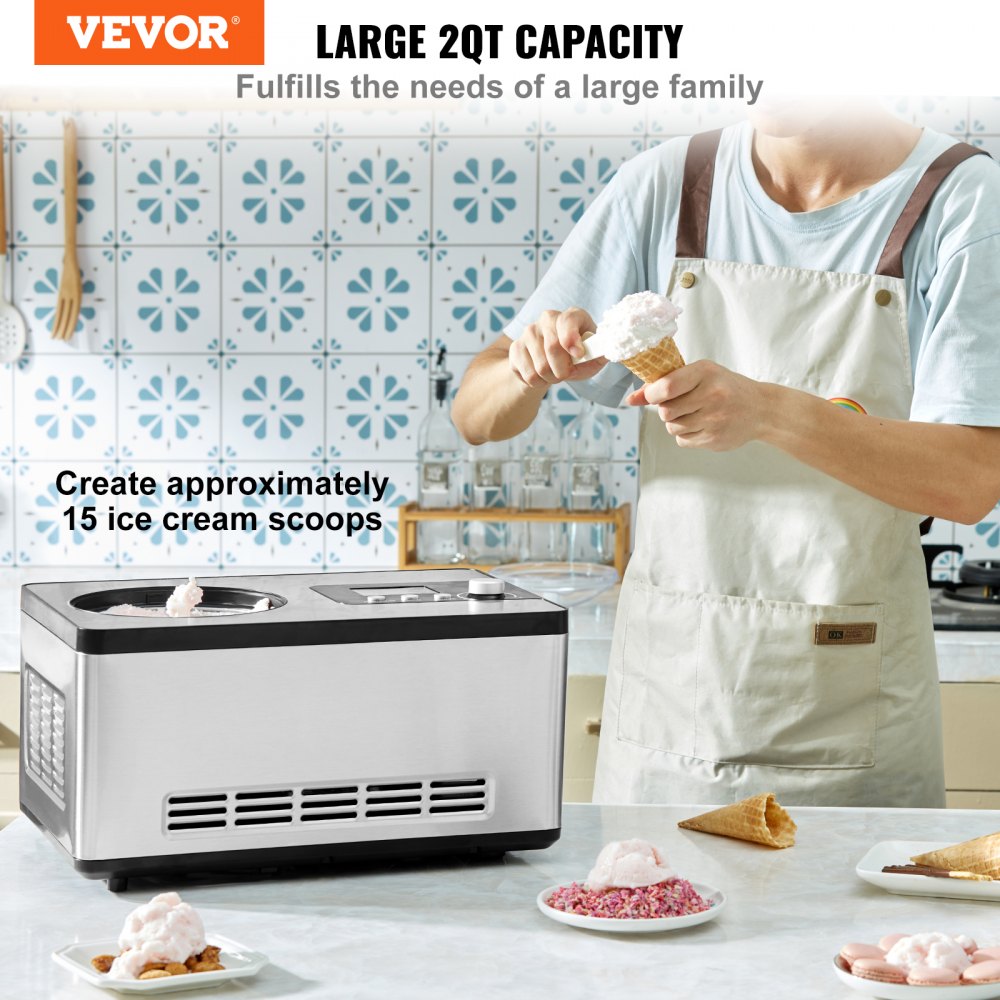 VEVOR Automatic Ice Cream Maker with Built-in Compressor, 2 Quart No  Pre-freezing Fruit Yogurt Machine, Stainless Steel Electric Sorbet Maker, 3  Modes
