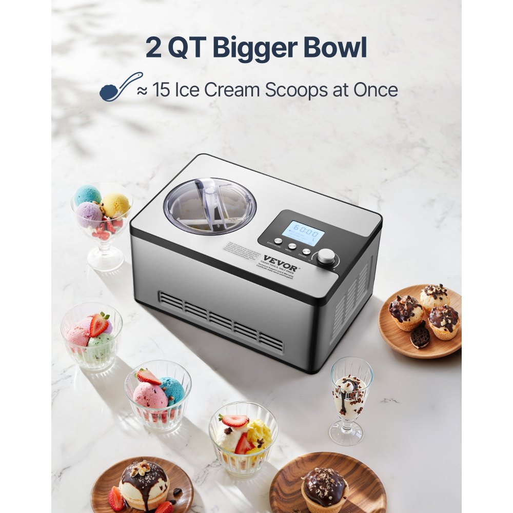 VEVOR Automatic Ice Cream Maker with Built-in Compressor, 2 Quart No Pre-freezing Fruit Yogurt Machine, Stainless Steel Electric Sorbet Maker, 3 Modes Gelato Maker with LCD Display & Timer, Silver