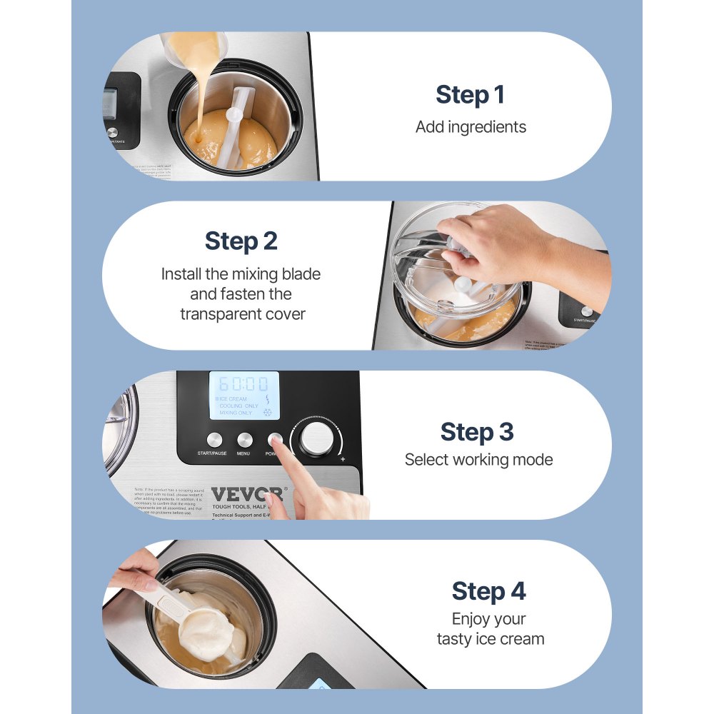 VEVOR Automatic Ice Cream Maker with Built-in Compressor, 2 Quart No Pre-freezing Fruit Yogurt Machine, Stainless Steel Electric Sorbet Maker, 3 Modes Gelato Maker with LCD Display & Timer, Silver