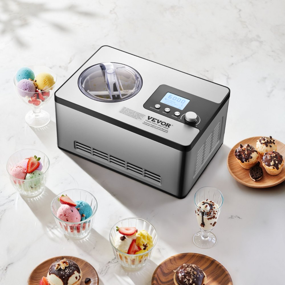 VEVOR Automatic Ice Cream Maker with Built-in Compressor, 2 Quart No Pre-freezing Fruit Yogurt Machine, Stainless Steel Electric Sorbet Maker, 3 Modes Gelato Maker with LCD Display & Timer, Silver
