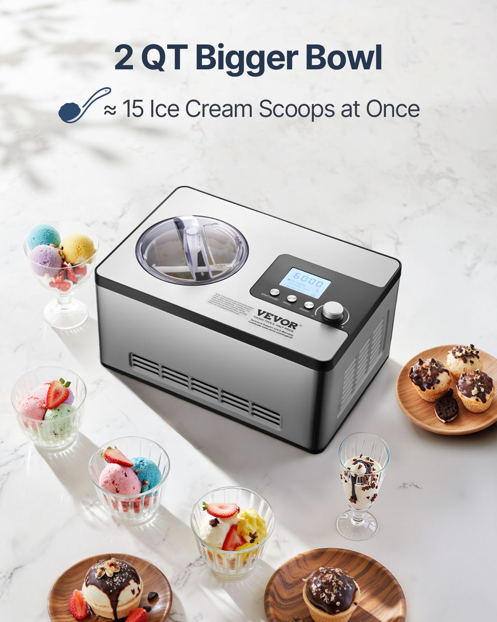 VEVOR Automatic Ice Cream Maker with Built-in Compressor, 2 Quart No Pre-freezing Fruit Yogurt Machine, Stainless Steel Electric Sorbet Maker, 3 Modes Gelato Maker with LCD Display & Timer, Silver