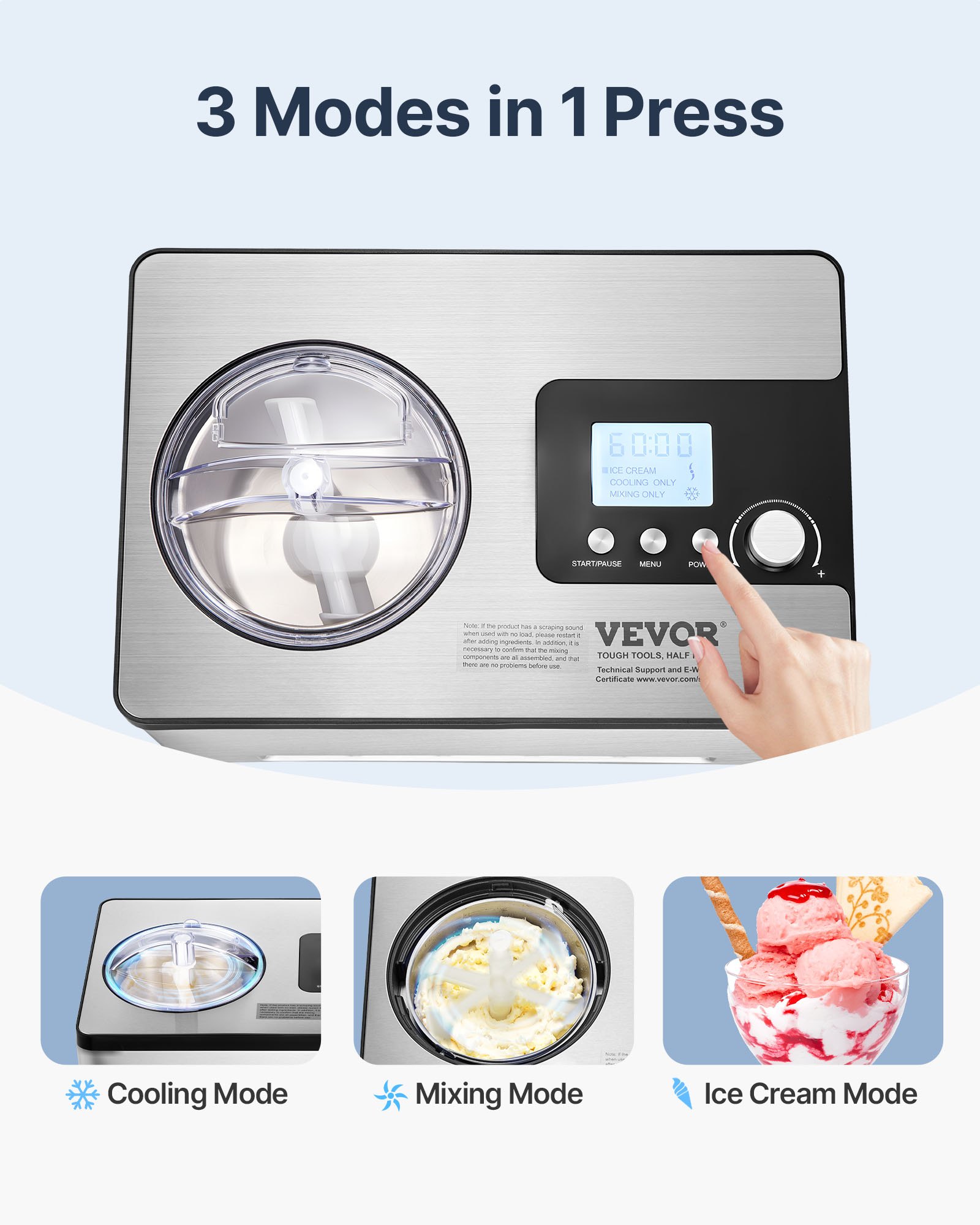 VEVOR Automatic Ice Cream Maker with Built-in Compressor, 2 Quart No Pre-freezing Fruit Yogurt Machine, Stainless Steel Electric Sorbet Maker, 3 Modes Gelato Maker with LCD Display & Timer, Silver
