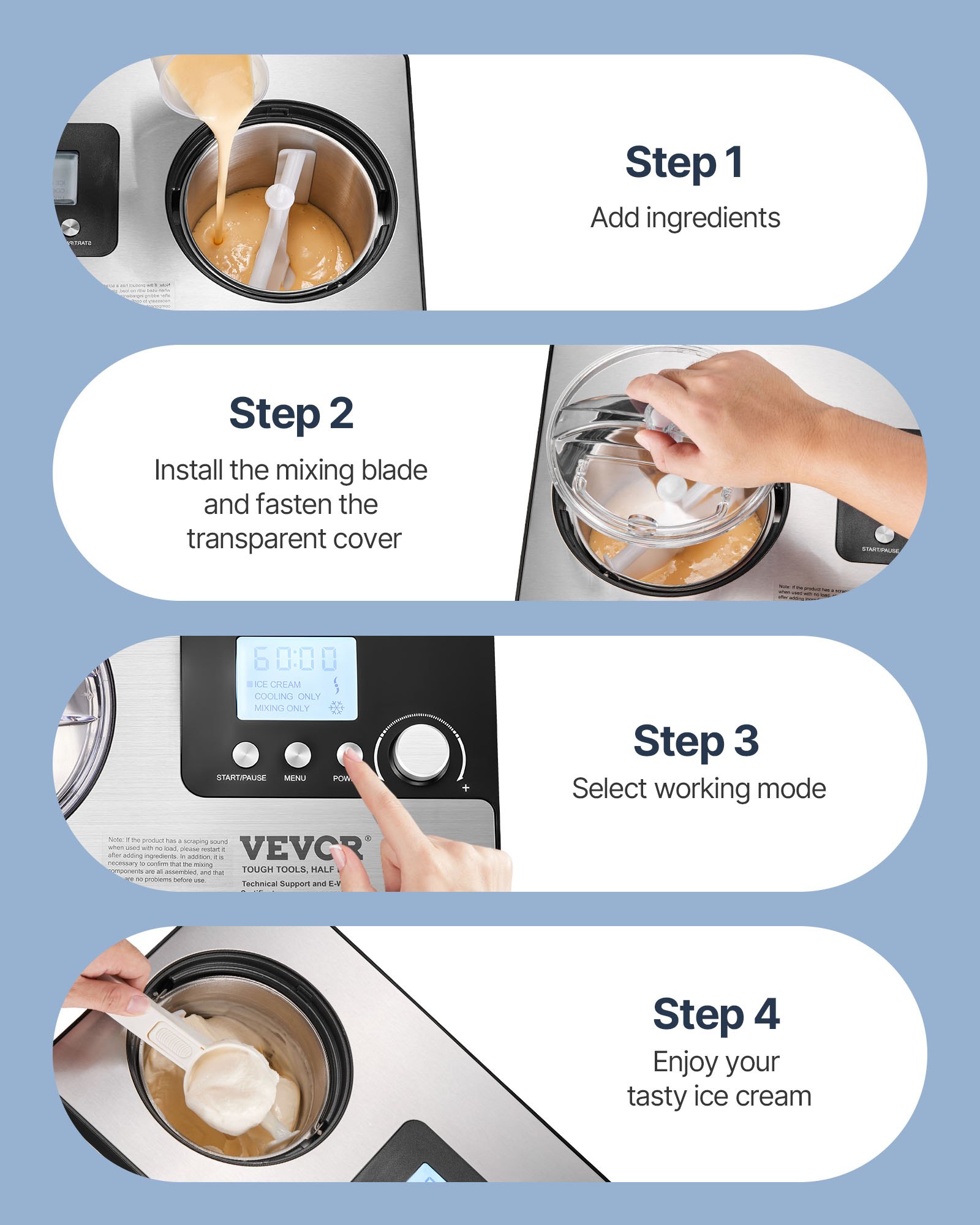 VEVOR Automatic Ice Cream Maker with Built-in Compressor, 2 Quart No Pre-freezing Fruit Yogurt Machine, Stainless Steel Electric Sorbet Maker, 3 Modes Gelato Maker with LCD Display & Timer, Silver
