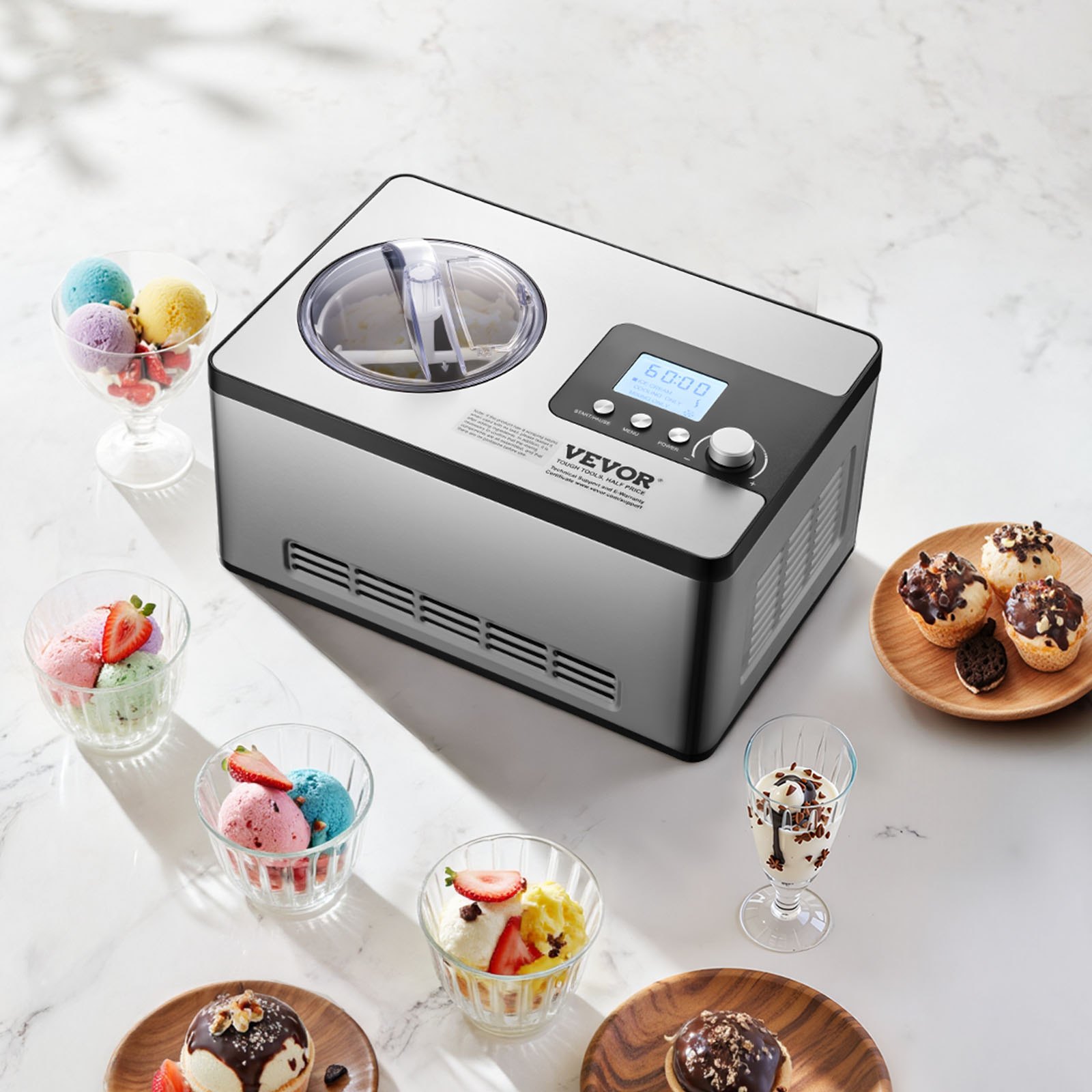 VEVOR Automatic Ice Cream Maker with Built-in Compressor, 2 Quart No Pre-freezing Fruit Yogurt Machine, Stainless Steel Electric Sorbet Maker, 3 Modes Gelato Maker with LCD Display & Timer, Silver