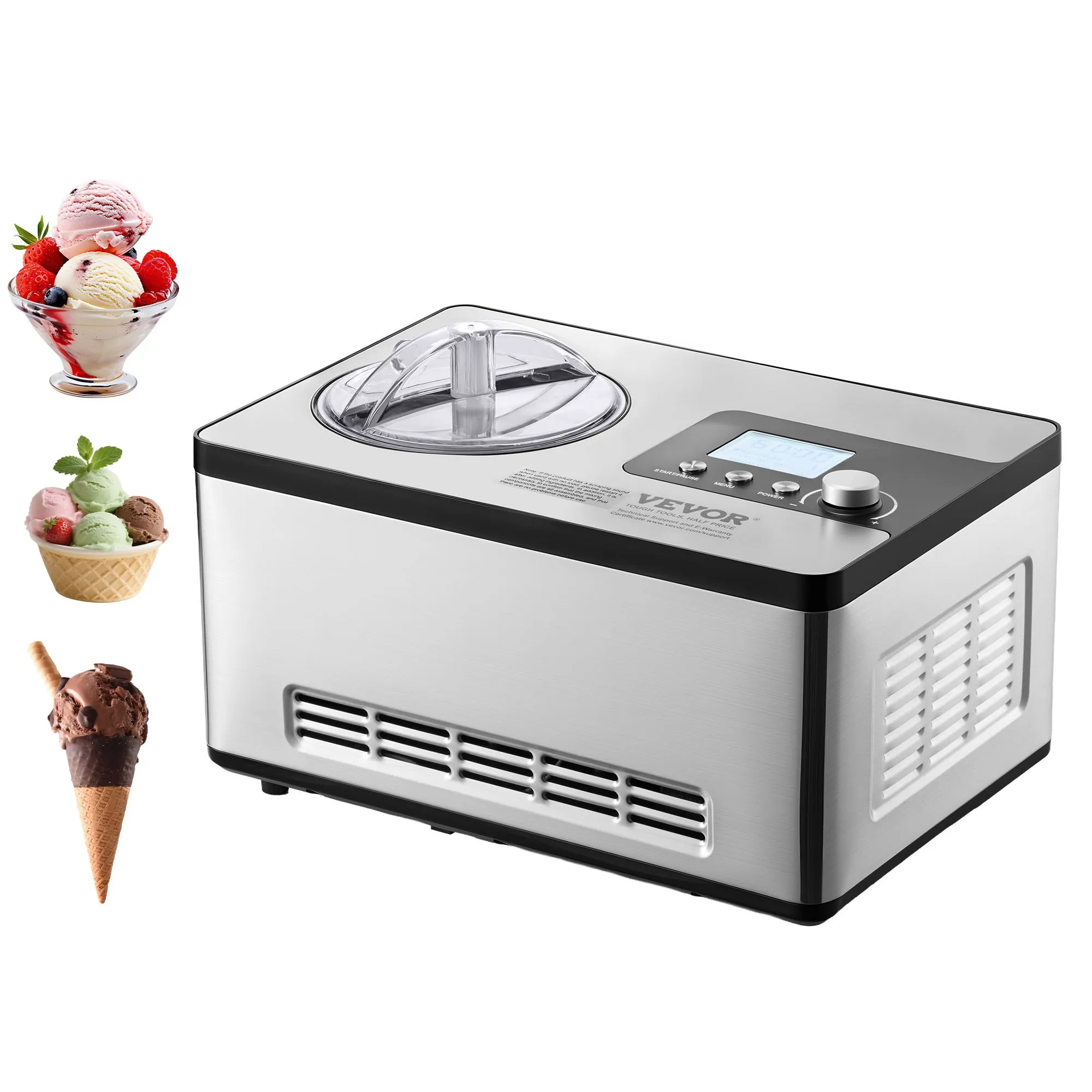 VEVOR Automatic Ice Cream Maker with Built-in Compressor, 2 Quart No Pre-freezing Fruit Yogurt Machine, Stainless Steel Electric Sorbet Maker, 3 Modes Gelato Maker with LCD Display & Timer, Silver