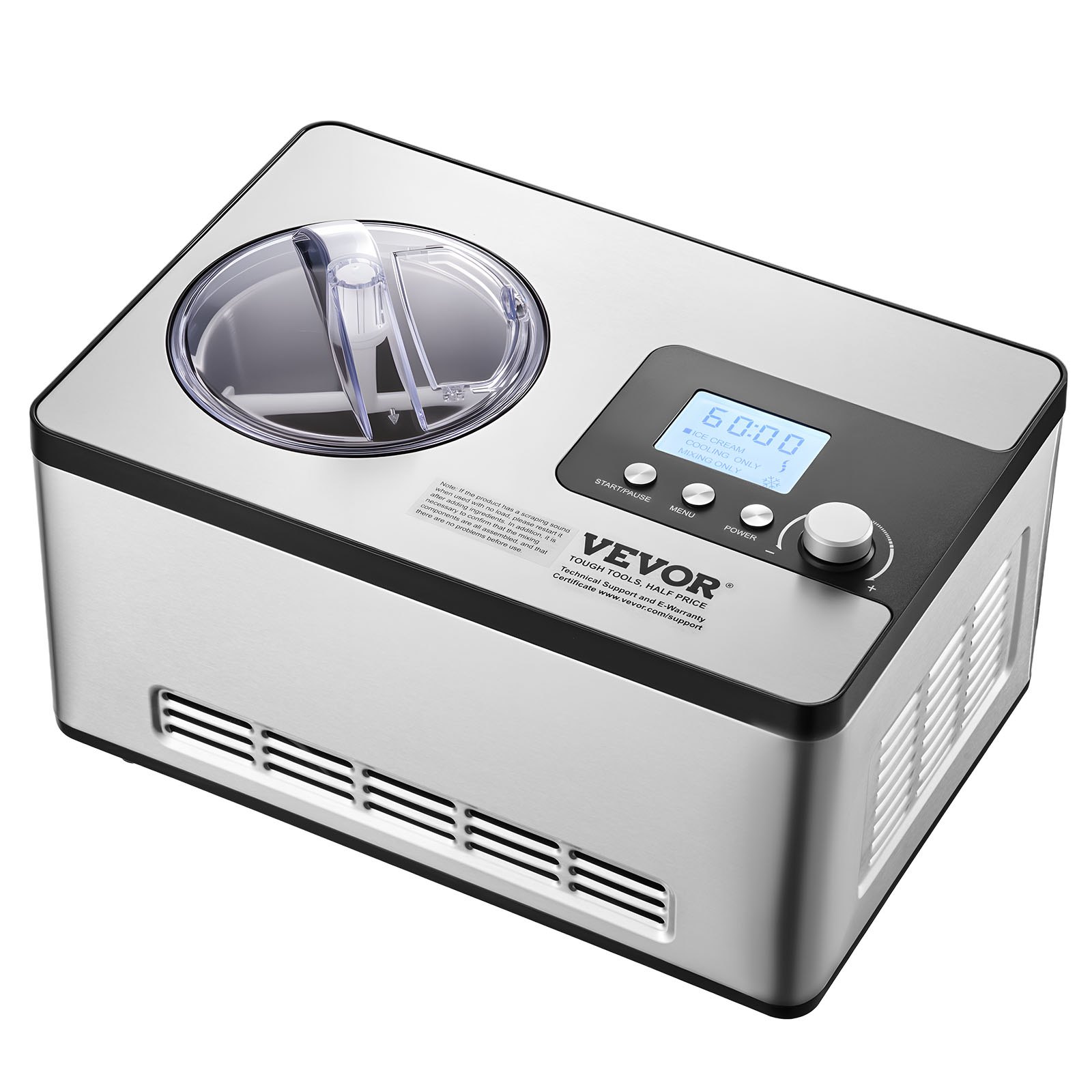 VEVOR Automatic Ice Cream Maker with Built-in Compressor, 2 Quart No Pre-freezing Fruit Yogurt Machine, Stainless Steel Electric Sorbet Maker, 3 Modes Gelato Maker with LCD Display & Timer, Silver