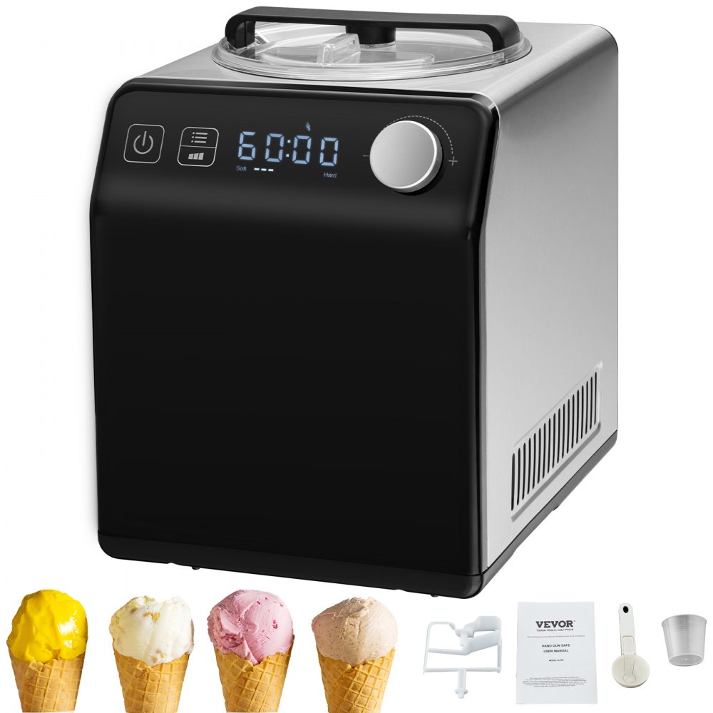 VEVOR ice cream maker with timer display. includes four ice cream cones, scoop, and instructions.
