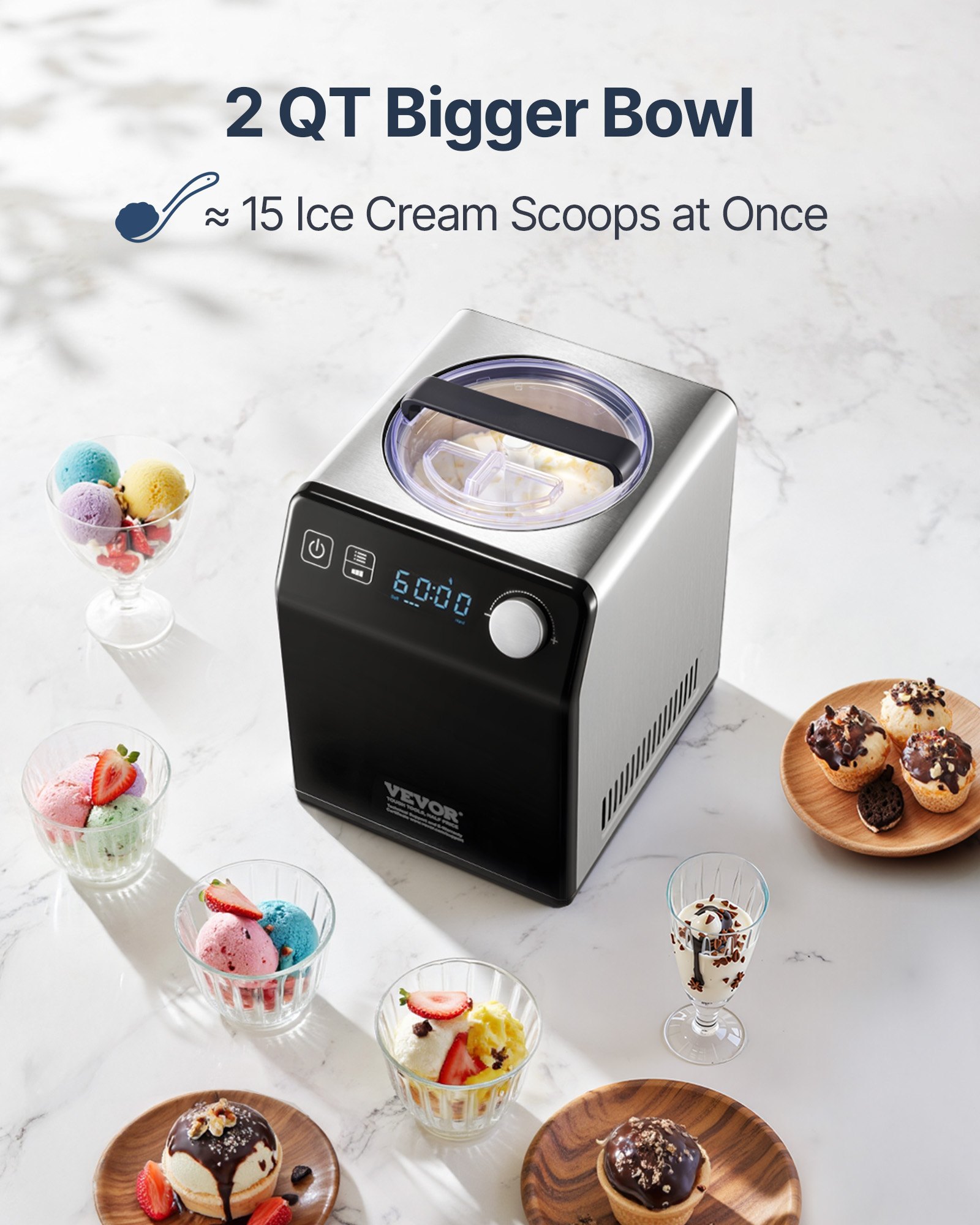 VEVOR Upright Automatic Ice Cream Maker with Built-in Compressor, 2 Quart No Pre-freezing Fruit Yogurt Machine, Stainless Steel Electric Sorbet Maker, 4 Modes Gelato Maker with Digital Display & Timer