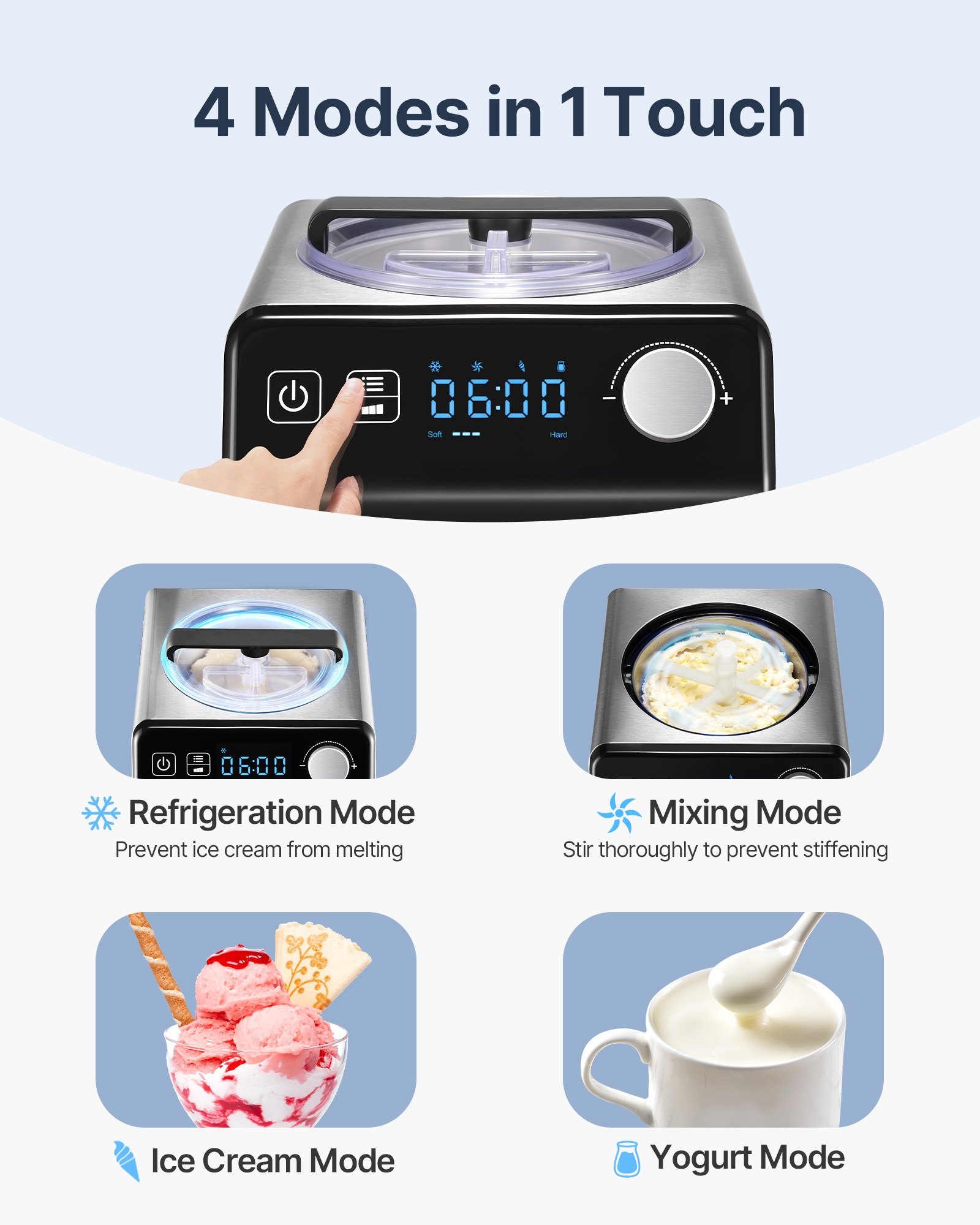 VEVOR Upright Automatic Ice Cream Maker with Built-in Compressor, 2 Quart No Pre-freezing Fruit Yogurt Machine, Stainless Steel Electric Sorbet Maker, 4 Modes Gelato Maker with Digital Display & Timer