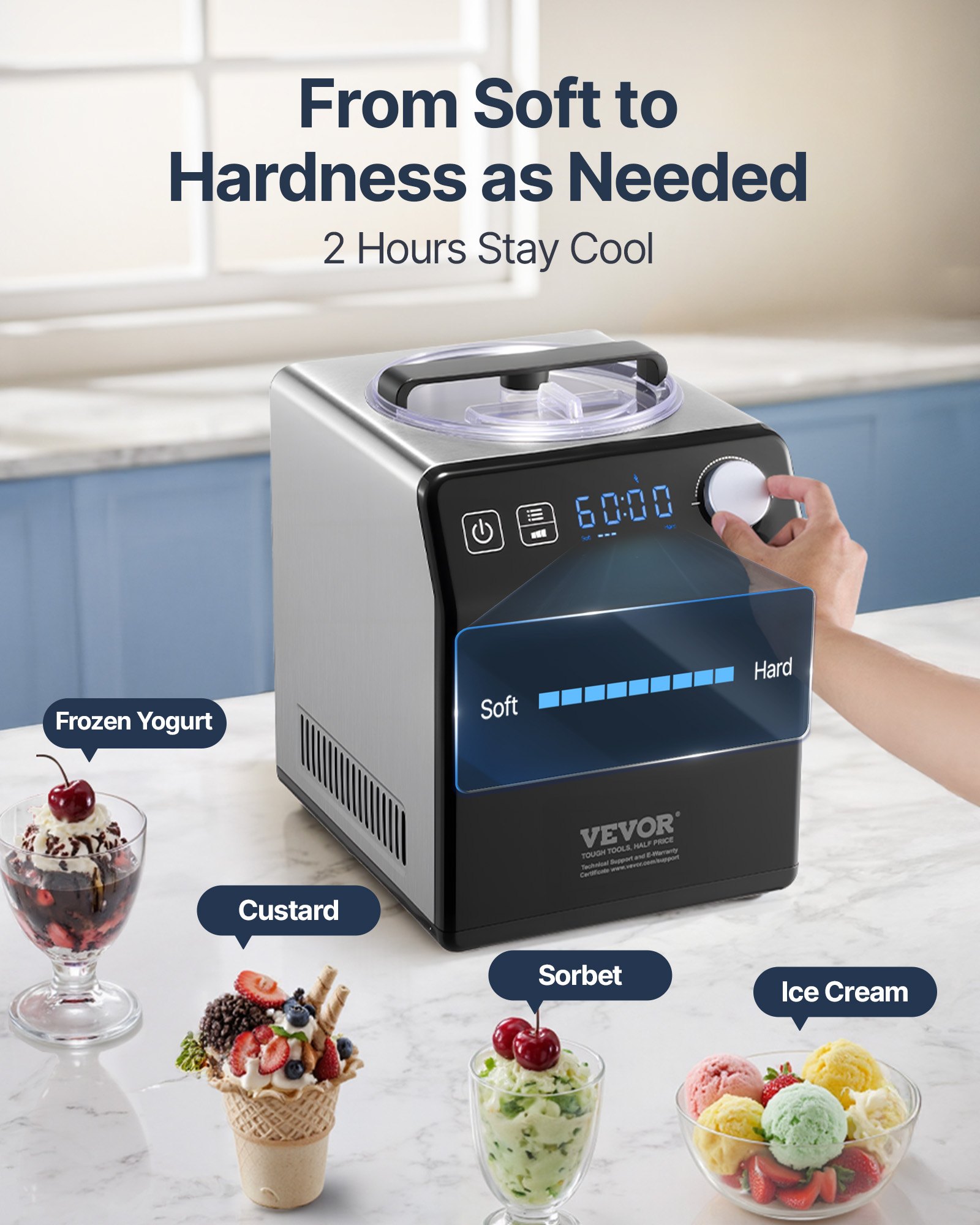 VEVOR Upright Automatic Ice Cream Maker with Built-in Compressor, 2 Quart No Pre-freezing Fruit Yogurt Machine, Stainless Steel Electric Sorbet Maker, 4 Modes Gelato Maker with Digital Display & Timer